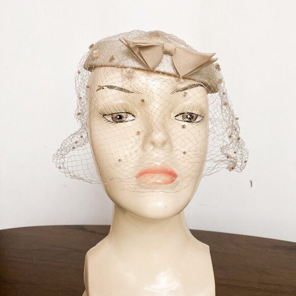 Vintage 50s 60s Nude Beige Vail Detail Headpiece S - Picture 3 of 8